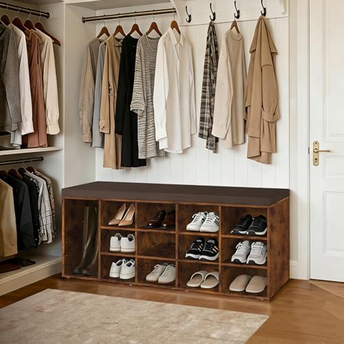 Shoe Storage Bench with Cushion, 13-Cubby Shoe Rack with Seat | 50.8"L Entryway Shoe Organizer Bench, Adjustable Shelves for Boots, Removable Washable Cushion, Closet/Hallway, Rustic Brown - color: Rustic Brown, size: 13 Cubby