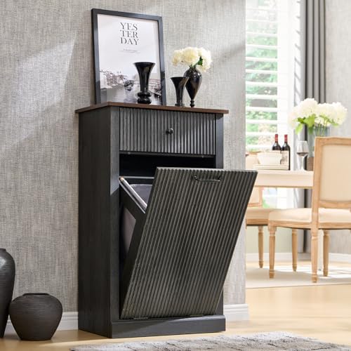 IFGET Tilt-Out Trash Can Cabinet, Fluted Laundry Hamper Cabinet, Dark Gray | 10 Gallon Modern Fluted Laundry Hamper Cabinet w/Drawer, Wooden Hidden FreeStanding Garbage Can Cabinets w/Storage Basket - color: Grey, size: Single Door