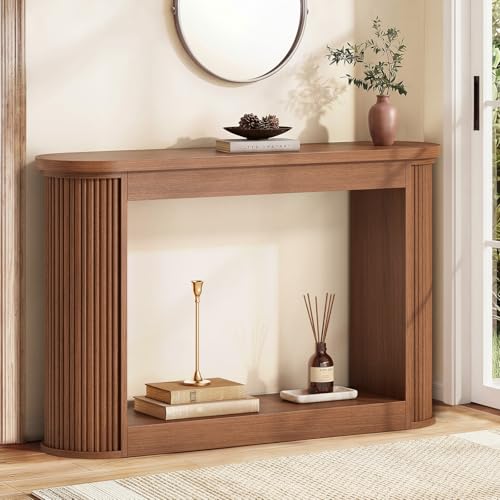 43" Oval Fluted Console Table, Mid-Century Modern Narrow Skinny Entryway Table with Open Storage Shelf, Sofa Table Behind Couch for Hallway Foyer Living Room, Walnut Brown