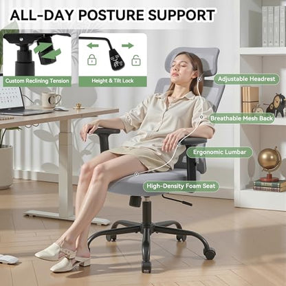 Office Chair with Mesh High Back, Ergonomic Office Desk Chair with Adjustable Lumbar Support, Rolling Work Chairs with Wheels and Headrest, Grey - color: Grey