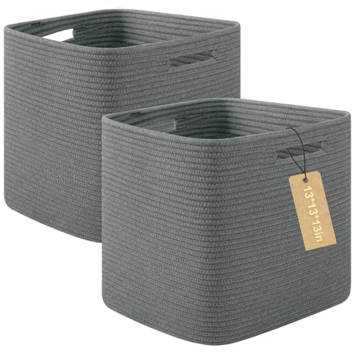 OIAHOMY 2 PACK Cube Storage Bin 13 Inch Collapsible Storage Cube Dark Grey | Cube Storage Organizer Storage Bins for Shelves Baskets for Organizing Woven Rope Storage Baskets - color: Dark Grey, size: 2Pcs-13*13*13inch