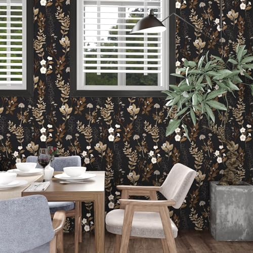 Vintage Dark Black Gold Floral Peel and Stick Wallpaper 17.4" x 78" | Renter Friendly, Removable & Waterproof, Vinyl Easy Install for Bedrooms, Bathrooms, Kitchens, Cabinets and Home Decor - color: Black, size: 17.4" x 78"