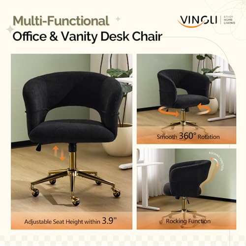 VINGLI Modern Curved Office & Vanity Desk Chair, Cute Upholstered Nail Chair with Wheels & 360° Swivel & Club & Tilting & Gold Base, for Bedroom, Living Room, Makeup, Velvet Chenille, Black - color: Black