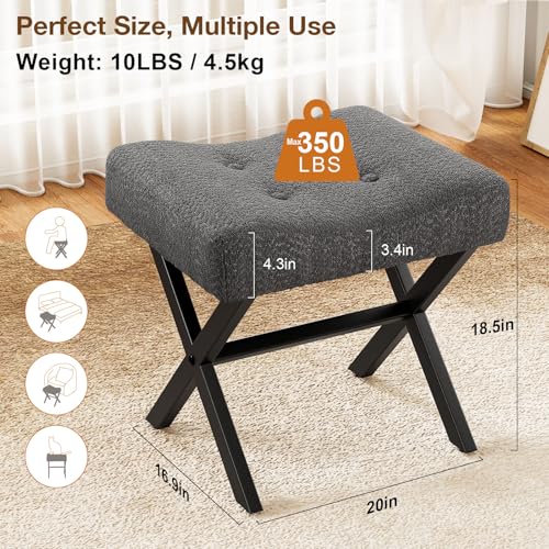 18-Inch Large Vanity Stool Chair, Gray Makeup Stool | Teddy Flannel Vanity Bench, Metal X-Leg, 350 LBS, 20"x16.9"x18", Ottoman Accent Stool, Breathable Soft Padded Saddle Seat - size: Large, style: Gray Fabric