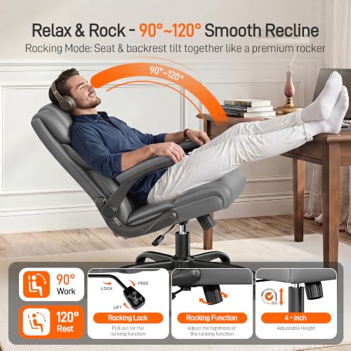 Office Chair, Executive Mid-Back Computer Desk Chair with Flip-up Armrests | 300 Lbs Ergonomic Leather Swivel PC Chair with Rock Function for Working Studying (Gray) - color: Grey