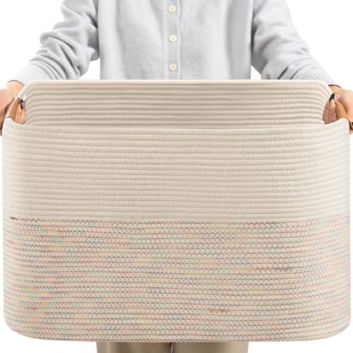 108L Large Basket for Living Room, Boho Decorative Basket Organizing with Handles, Cotton Rope Storage for Toys, Pillows, Clothes, 25’’*16’’*16’’ Rainbow - color: Stitches Rainbow, size: 108L