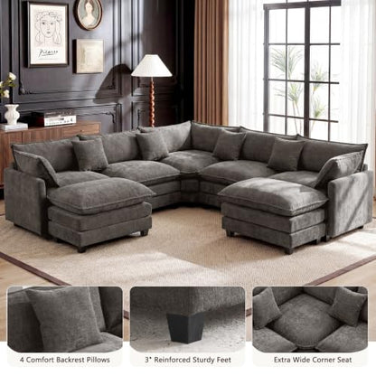 110" Modular Sectional Cloud Sofa Couch V Shape with 2 Ottoman, Grey | 3 Layer Cushion, 6 Washable Pillows, 29" Deep Seat, Chenille Fabric, for Living Room Apartment - color: Grey, size: 110"V-2