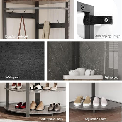 Corner Hall Tree with Shoe Bench & 6 Double Hooks, Space-Saving Entryway Corner Coat Rack with Storage Organizer & Shelf, Multi-Functional Hallway Storage Tree for Entryway, Hallway, Rustic Grey