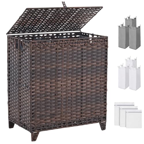 Laundry Hamper with Lid, 190L Large Laundry Basket 3 Section with 6 Removable Liner Bags & 3 Mesh Laundry Bags, Handwoven Rattan Clothes Hamper with Heightened Feet, No Install Needed, Brown - color: Brown