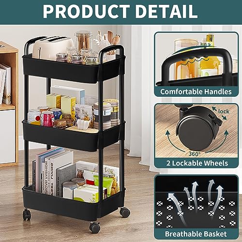 EZ COZY 3 Tier Rolling Cart, Plastic Diaper Cart Organizer with Wheels, Roller Cart for Diapers, Baby Nursery, Kitchen, Bathroom, Living Room and Bedside, Black - color: Black