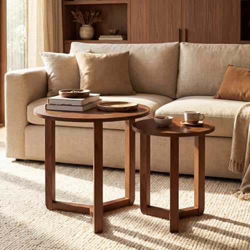 GIANTEX Round Nesting Coffee Table Set of 2, Wood End Tables, Walnut | Thickened Top & Solid Rubber Wood Legs, Farmhouse Sofa Side Table for Small Spaces Living Room Bedroom - color: Walnut