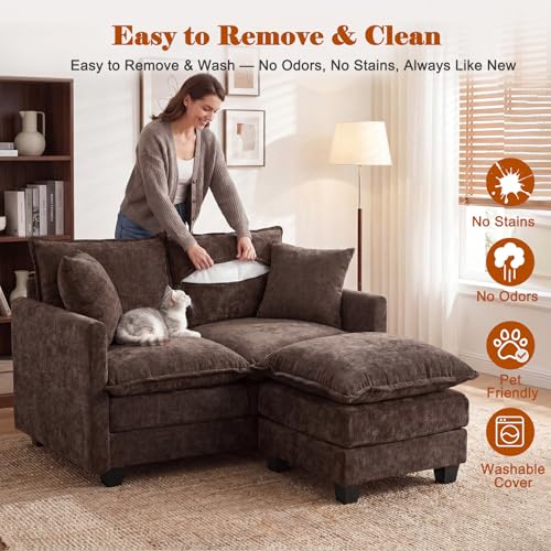 50'' Loveseat Sofa Set with Ottoman, Small Couch Set 2 Piece Cloud Love Seat 27" Deep Seat Washable Pillows Couches for Small Spaces Apartment Living Room, Brown - color: Brown, size: 50"+50"L