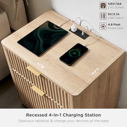 T4TREAM 23'' Fluted Nightstand with Charging Station, Modern, Natural Oak | Large 2 Drawer, Curved Profile, Mid-Century, Bedside Table with Storage, End Table for Living Room, Bedroom, Side Table - color: Natural Oak