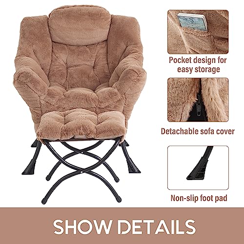 Lazy Chair with Ottoman, Comfy Accent Reading Chair, Plush Brown | Foldable Footrest,Removable Cover,with Armrests and Side Pockets,Upholstered Lounge Chair for Bedroom,Dorm,Office,Small Space - color: Plush Brown