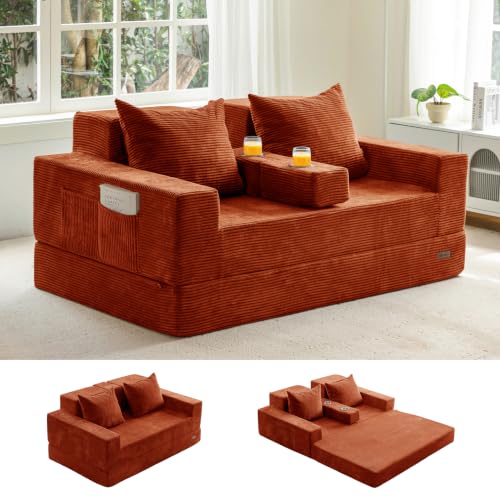 MAXYOYO Sofa Bed, 64-Inch Boneless Loveseat with 2 Cup Holders | Corded Orange 4-in-1 Sofa Converts Into a Floor Couch or Recliner Chair; Sofa-in-a-Box Needs No Assembly for Living Rooms - color: Corded Orange, size: Standard(64" Length)
