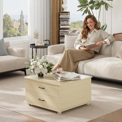 MALOL Square Storage Coffee Table with 2 Drawers, Hidden Storage Beneath Flip-Top Lid, Modern Fluted Wood Coffee Table with Solid Wood Legs for Living Room, Light Wood - color: Light Wood