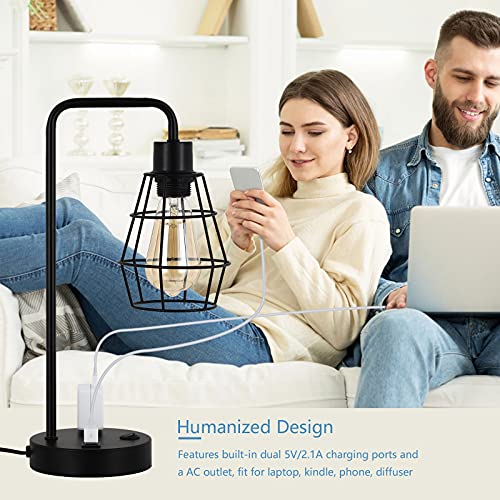 BTY USB Edison Table Lamp Set of 2, Bedside Nightstand Desk Lamps with Dual USB Charging Ports and 2 Prong AC Outlet Metal Wire Cage Industrial Reading Table Lamp for Bedroom Living Room Farmhouse - size: CAGE 1