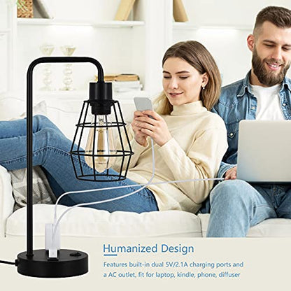 BTY USB Edison Table Lamp Set of 2, Bedside Nightstand Desk Lamps with Dual USB Charging Ports and 2 Prong AC Outlet Metal Wire Cage Industrial Reading Table Lamp for Bedroom Living Room Farmhouse - size: CAGE 1