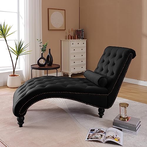Button-Tufted Chaise Lounge Indoor, Velvet Chaise Lounge Chair with Legs & Toss Pillow, Armless Rolled Backrest Leisure Sofa Recliner for Living Room Bedroom (Black) - color: Black Velvet