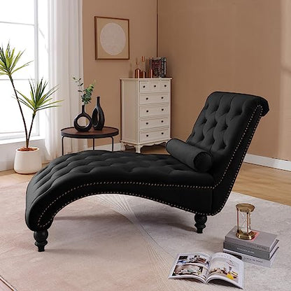 Button-Tufted Chaise Lounge Indoor, Velvet Chaise Lounge Chair with Legs & Toss Pillow, Armless Rolled Backrest Leisure Sofa Recliner for Living Room Bedroom (Black) - color: Black Velvet