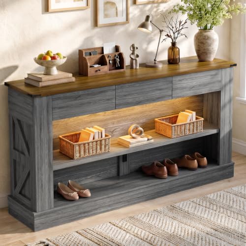 Miereirl 63" Console Table with Drawers & LED Light, Brown & Dark Grey | Narrow Entryway Sofa Table, 3 Storage Drawers & Open Shelves, Behind Couch, Living Room Hallway Foyer - color: Rustic Brown&dark Grey