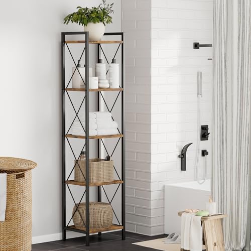 Homhedy 5 Tier Small Bookshelf, Tall Narrow Bookcase, Metal Book Shelf | Industrial Style for Small Spaces, Home, Office, Living Room, Kitchen, Bedroom , 10.4" D x 13" W x 55.1" H, Rustic Brown - color: Rustic Brown, size: 10.4"D x 13"W x 55.1"H