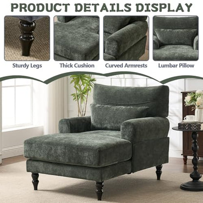 Chaise Lounge Chair Indoor Bedroom, Comfy Lounge Chair with Wide Armrest & Backrest for Small Space, Thick Cushion, High-Density Foam, Waist Pillow, Chenille (Green) - color: Green