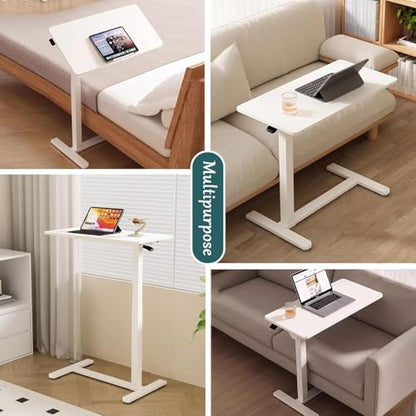 Mobile Standing Desk Adjustable Overbed Table, Pneumatic Height Adjustable Rolling Laptop Desk with Hidden Wheels, 0-180°Tilt Top Rolling Computer Cart Foldable for Home Office, Craft & Study, White - color: White, style: Fully Tiltable