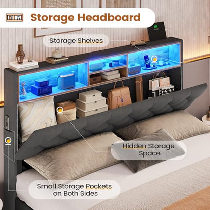 Queen Bed Frame with 4 Drawers, Storage Headboard, Lights, Dark Grey | LED Bed Frame Queen Size with Charging Station, 5 Shelves, Upholstered Bed with Metal Slats, No Box Spring Needed - color: Dark Grey-linen Fabric, size: Queen