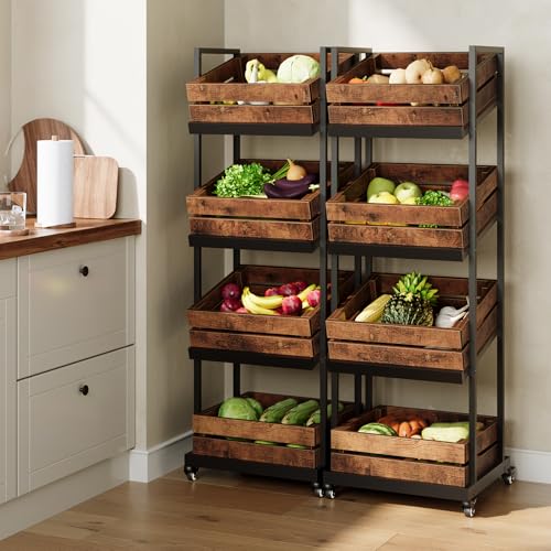 LITTLE TREE 4-Tier Basket Stand with Locked Wheels, Mobile Fruit and Vegetable Storage, Floor Stand Rack, Utility Shelf, for Kitchen, Living Room, Pantry (Rustic Brown, 2) - color: Rustic Brown, size: 4-Tier