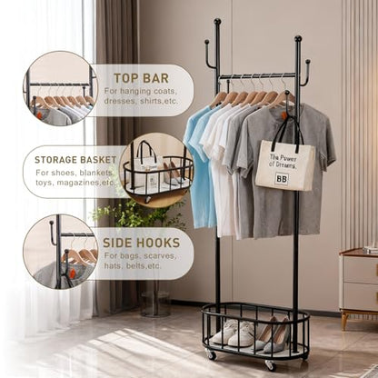 Free Standing Rolling Clothes Rack with Wheels Coat Rack - Black | Small Narrow Cloth Hanger Metal Garment Racks for Bedroom Livingroom Lab Dress Shirts Rack with Storage Shelves - color: Black