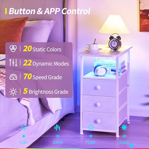 Narrow End Table with Charging Station, Narrow Side Table with 3 Fabric Drawers, Slim Nightstand with LED Light, Small Table with Storage, Living Room, Bedroom, White HKET1303WT - color: White, size: 11.8" W x 23.6" D, style: Power + Light