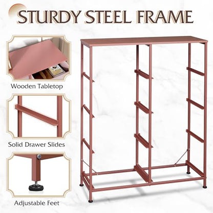 WLIVE Fabric Dresser for Bedroom, Tall Dresser with 8 Drawers, Storage Tower with Fabric Bins, Double Dresser, Chest of Drawers for Closet, Playroom, Dormitory, Pink and Rose Gold | Pink 8-drawer tall storage tower with fabric bins and wood tabletop, brea