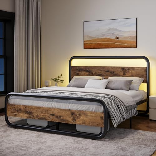 Full Size Bed Frame, Wood Headboard and Footboard, LED Lights, Rustic Brown | Metal Platform with Heavy Duty Metal Slats Support/12 in Under-Bed Storage/Noise-Free/No Box Spring Needed/Easy Assembly - color: Rustic Brown, size: Full