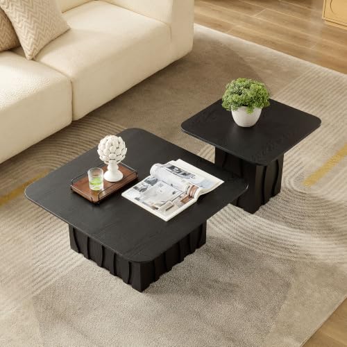 Nesting Coffee Table Set of 2 with Wavy Fluted Base, Black | 31.5" & 21.65", 2PCS Center Tables, Square Tea Table, Easy to Assemble, Mid-Century Modern, for Living Room Office - color: 31.5" & 21.65" - Black