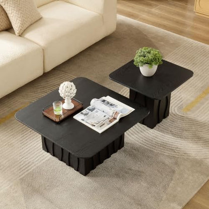 Nesting Coffee Table Set of 2 with Wavy Fluted Base, Black | 31.5" & 21.65", 2PCS Center Tables, Square Tea Table, Easy to Assemble, Mid-Century Modern, for Living Room Office - color: 31.5" & 21.65" - Black