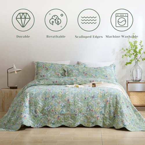 Oversized Queen Quilt Bedspread Set(102"x118"),3 PCS Floral Quilt Set, Green Flower Bird Butterfly Print Botanical Printed Bedspread Bedding Coverlet Spring Summer Lightweight - color: Floral a, size: Oversized Queen（102"x118"）