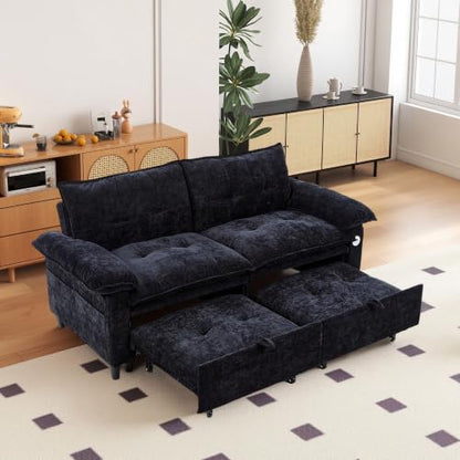 73" Plush Velvet Convertible Loveseat Sleeper Sofa Bed, Loveseat Convertible with Hidden Mattress, Sofa Bed Couch Simple Assembly for Small Apartment and Guest Space, Black - color: Black