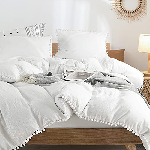 ETDIFFE White Boho Duvet Cover Set Full Size, 3 Piece, 80x90 Inch | Bohemian Pompom Microfiber Bed Comforter Cover Set, Farmhouse Soft & Lightweight Bedding Quilt Cover - color: White, size: Full (No Comforter)