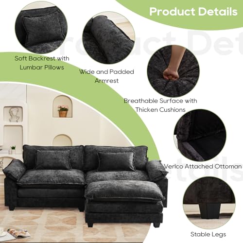 86" Modular Sectional Sofa, Comfy Deep Cloud Couch with Ottoman | L-Shaped Couches for Living Room, Modular Couch, Deep and Wide Seat, Chenille Sofa Sleeper with Throw Pillows, Black - color: Black, size: 86 Inch L