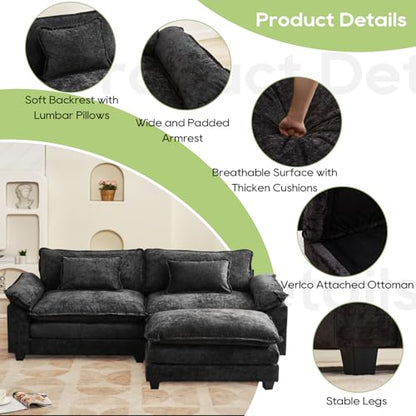 86" Modular Sectional Sofa, Comfy Deep Cloud Couch with Ottoman | L-Shaped Couches for Living Room, Modular Couch, Deep and Wide Seat, Chenille Sofa Sleeper with Throw Pillows, Black - color: Black, size: 86 Inch L