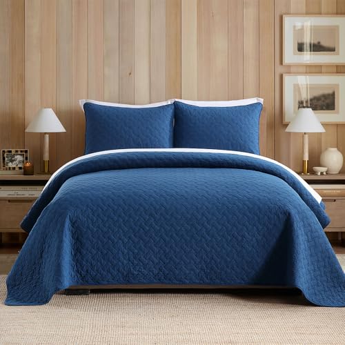 Wistown Cotton King Bedspread Quilt Bedding Sets, Navy Blue | 3 Pieces Reversible Lightweight Soft Coverlets Comforters, All Seasons, Weave Stitching Pattern - color: Navy Blue Weave Pattern, size: King (98 by108inch)