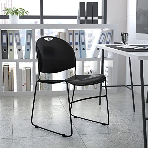 Flash Furniture Hercules Series Ultra-Compact Plastic Stacking Event/Waiting Room Chairs, Ergonomic Lobby Chairs with Contoured Seats, Set of 5, Black - color: Black Plastic/Black Frame, size: set of 5
