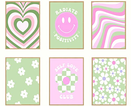 KBKBART Danish Pastel Room Decor Aesthetic Posters, 6pcs Green and Pink Wall Art Prints, Cute Flower Smile Face Positive Quotes for Teens, Girls, Women, Dorm, Living Room（8x10inch, Unframed - color: Danish Pastel Posters-unframed, size: 8x10 inch