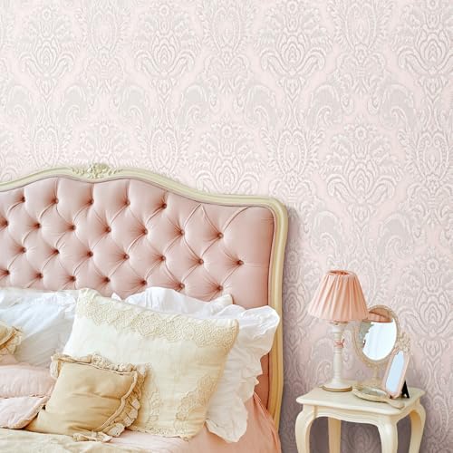 FunStick Vintage Light Pink Wallpaper Peel and Stick Textured Victorian Damask Floral Wall Paper Pink Contact Paper for Cabinets Removable Renter Friendly Wallpaper for Girls Bedroom Walls 15.8"x80" - color: Light Pink, size: 80" x 15.8"