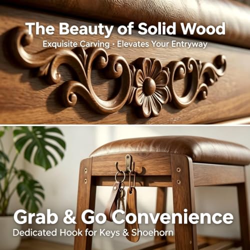 Shoe Storage Bench Shoe Rack Bench with Storage 2 Tier Wooden Shoe Rack | Solid wood shoe bench flip-top storage cushioned seat weight capacity of 550 lb side hooks walnut finish 31.5" W - size: 31.5"