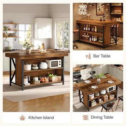 Tribesigns Large Kitchen Island with Storage, 55-Inch Wooden Stationary Island Table with Metal Frame, 3-Tier Industrial Center Bar Table with Thickened Countertop for Kitchen, Dining Room, Brown