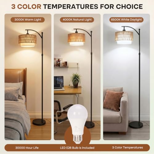 Rattan Floor Lamp with 12W LED Bulb, 57.5"-67" Adjustable Height Boho Standing Lamp, 3 Color Temperatures, Dual Rattan & Fabric Shades, Angle Adjustable Floor Lamp for Living Room Bedroom - style: Bohemian-Black