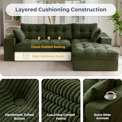 MAXYOYO Boneless Couch, 104-Inch L-Shaped Cloud Couch with Ottoman | Dark Green Upholstered Sofa Features Layered Cushions and Flexible Modules with No Assembly, Ideal for Modern Living Rooms. - color: Dark Green, size: 104" L Shape