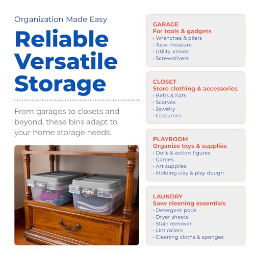 Hefty 18 Qt Hi-Rise Storage Bin with Lid, Stackable Plastic Storage Container, Organizer for Home, Garage & Closet, 8 Pack, Gray - size: 18 QT - 8 Pack